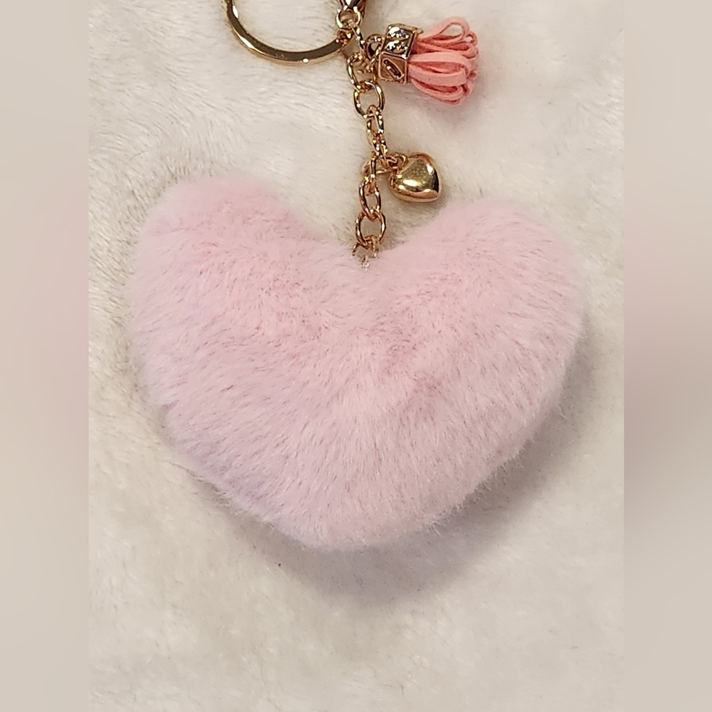 Pink Heart-Shaped Fluffy Keychain with Gold Accents Bag Charm - Picture 2 of 5